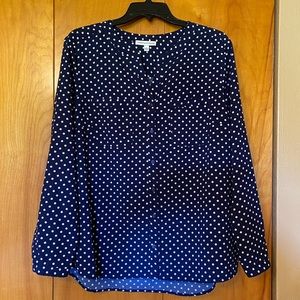 Navy Blue Polka Dot Button Down Blouse